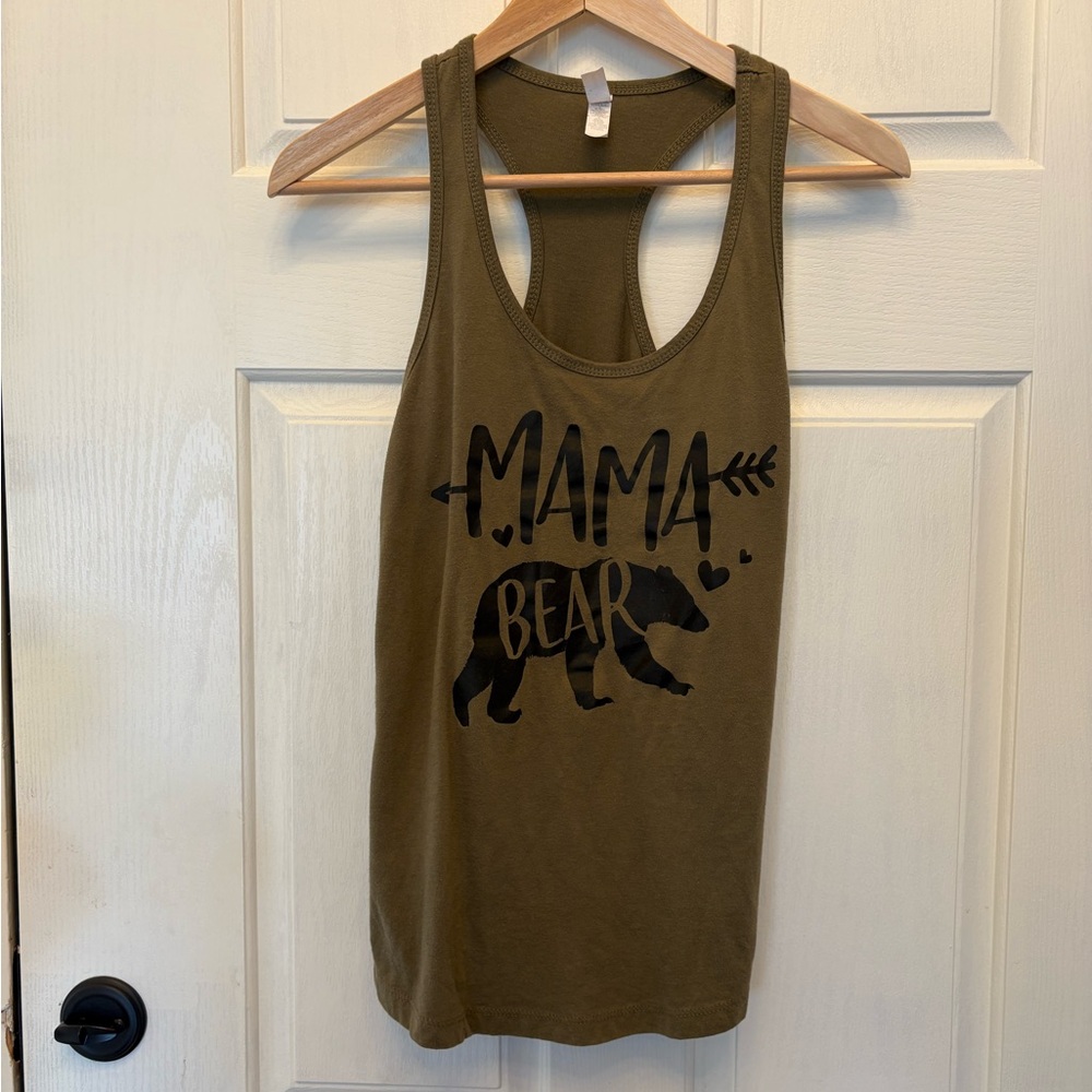 Mama Bear Graphic racer back casual Tank Top in greenish olive brown